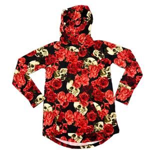 LuLaRoe Amber Hoodie 2XL – Red Roses & Skulls Halloween Goth Floral – EUC